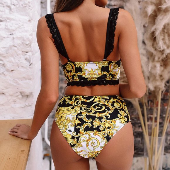 Yellow Printed High Waisted Bustier Padded Two Piece Bikini Swimsuit - Picture 5 of 9